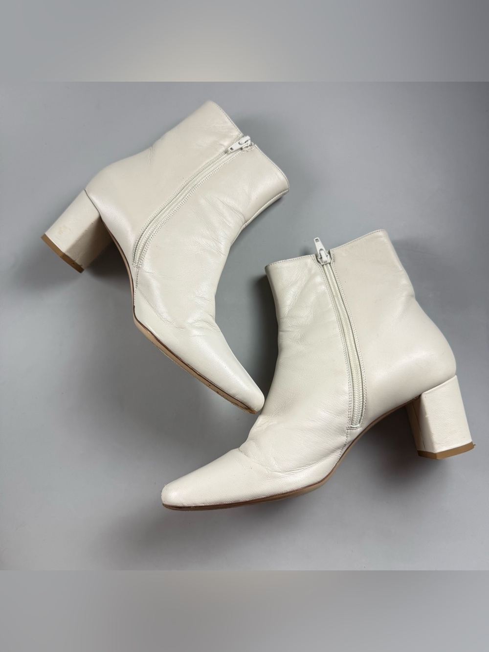 Italic Leather Ankle Boots White Block Heel Side Zip Italy EU 39.5 US 9